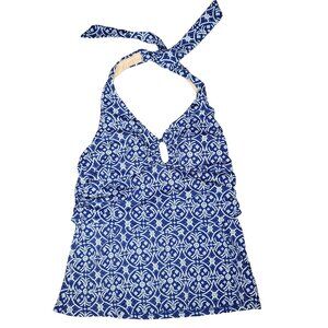 Lands End blue floral geometric pattern tankini top swim suit beach size 4